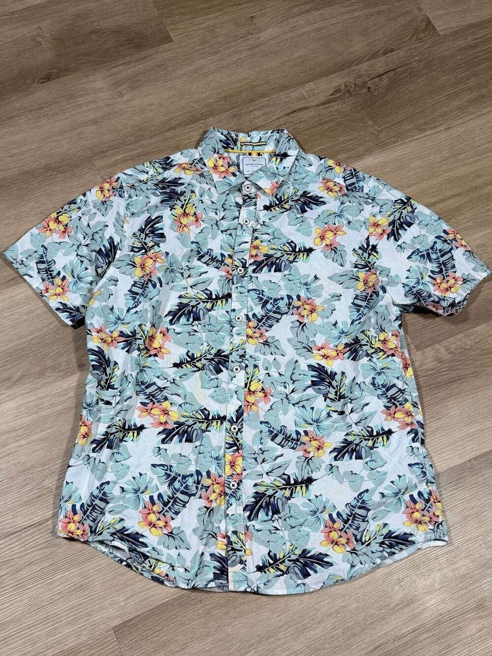 Denim & Flower Ricky Singh Mens Short Sleeve Shirt L Floral Tropical Slim Fit